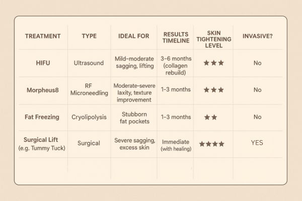 Table showing the comparisons of Skin tightening Great Yarmouth treatment options.